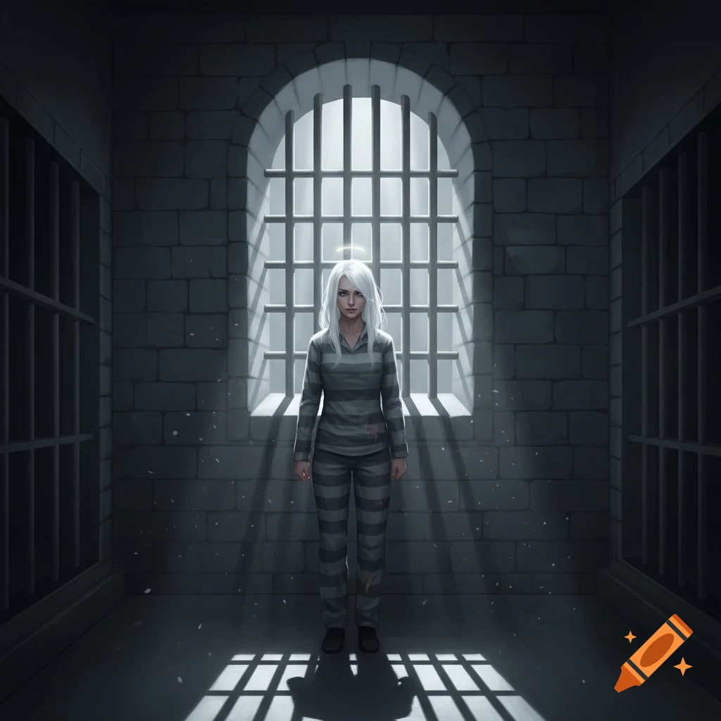 A white-haired woman in a striped prison uniform stands in a dark cell, light streaming through a barred window, with a faint halo.