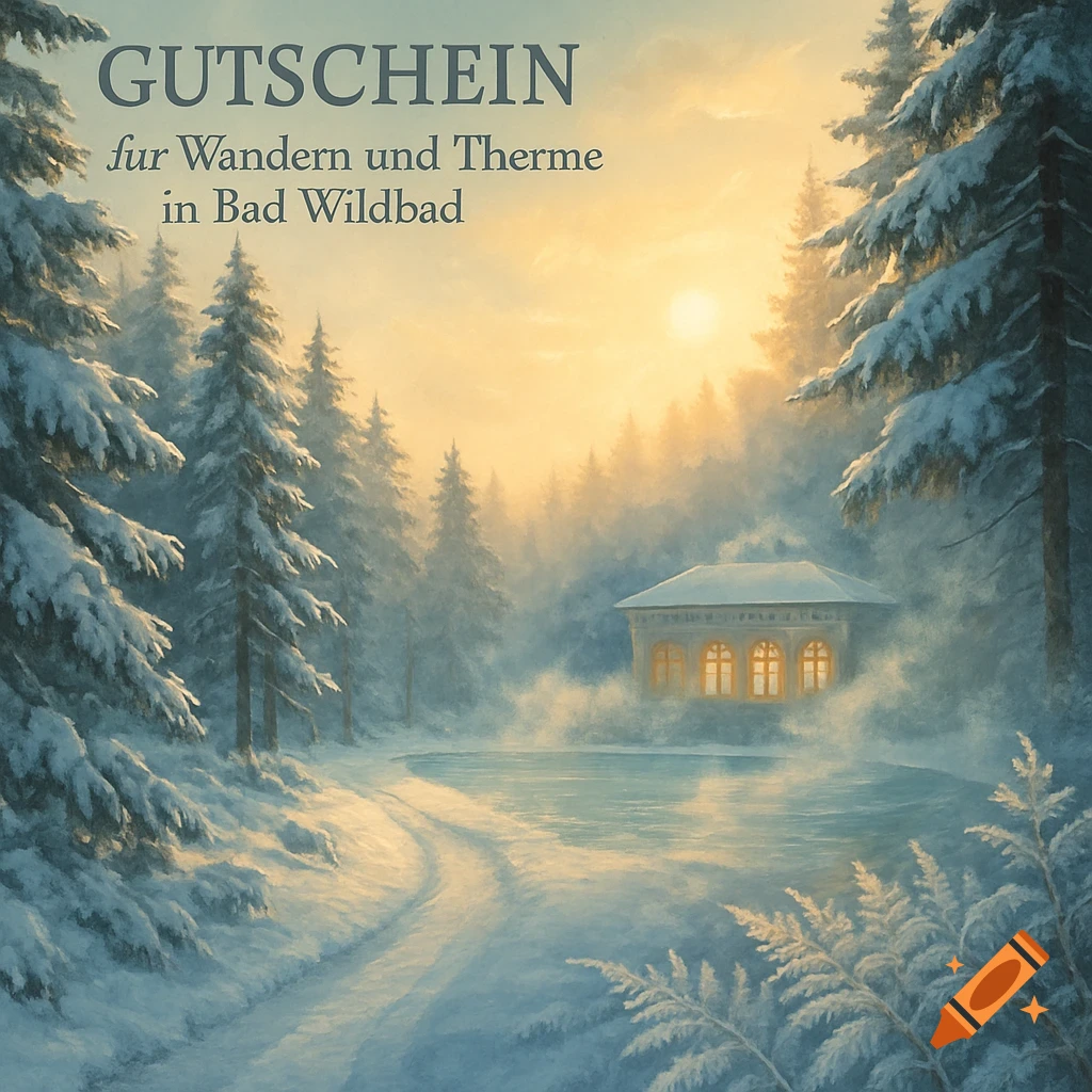 Painterly winter landscape with snow-covered trees, steaming water, and a lighted building, with German text at the top left.