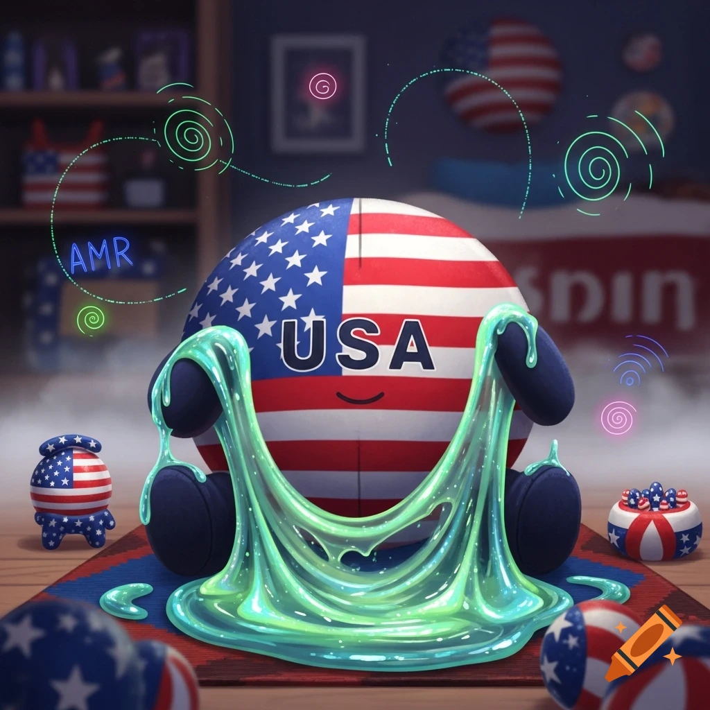 A smiling USA country ball character with blue hands plays with luminous green slime, surrounded by small USA-themed objects in a room with a flag in the background.