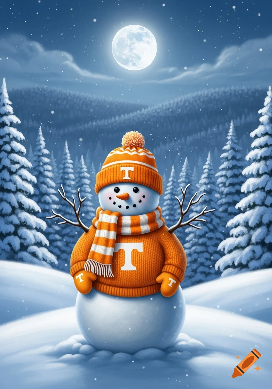 A cheerful snowman in an orange and white Tennessee Volunteers hat, scarf, sweater, and mittens stands in a snowy forest under a bright full moon.