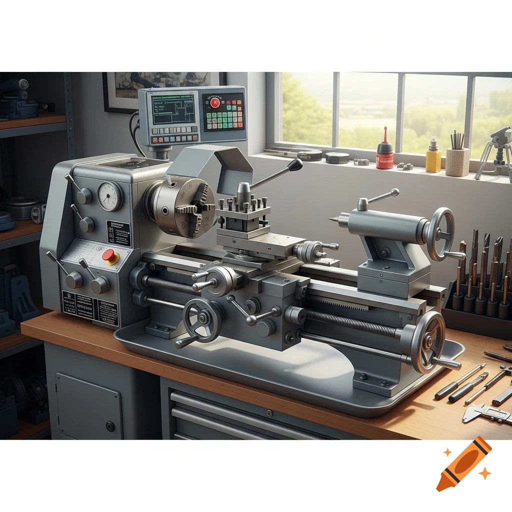 Photorealistic image of a gray conventional metal lathe on a wooden workbench in a brightly lit workshop.