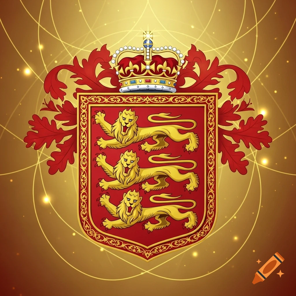 A red shield with three golden lions passant guardant, topped with a royal crown and flanked by red foliage, on a glowing golden background.
