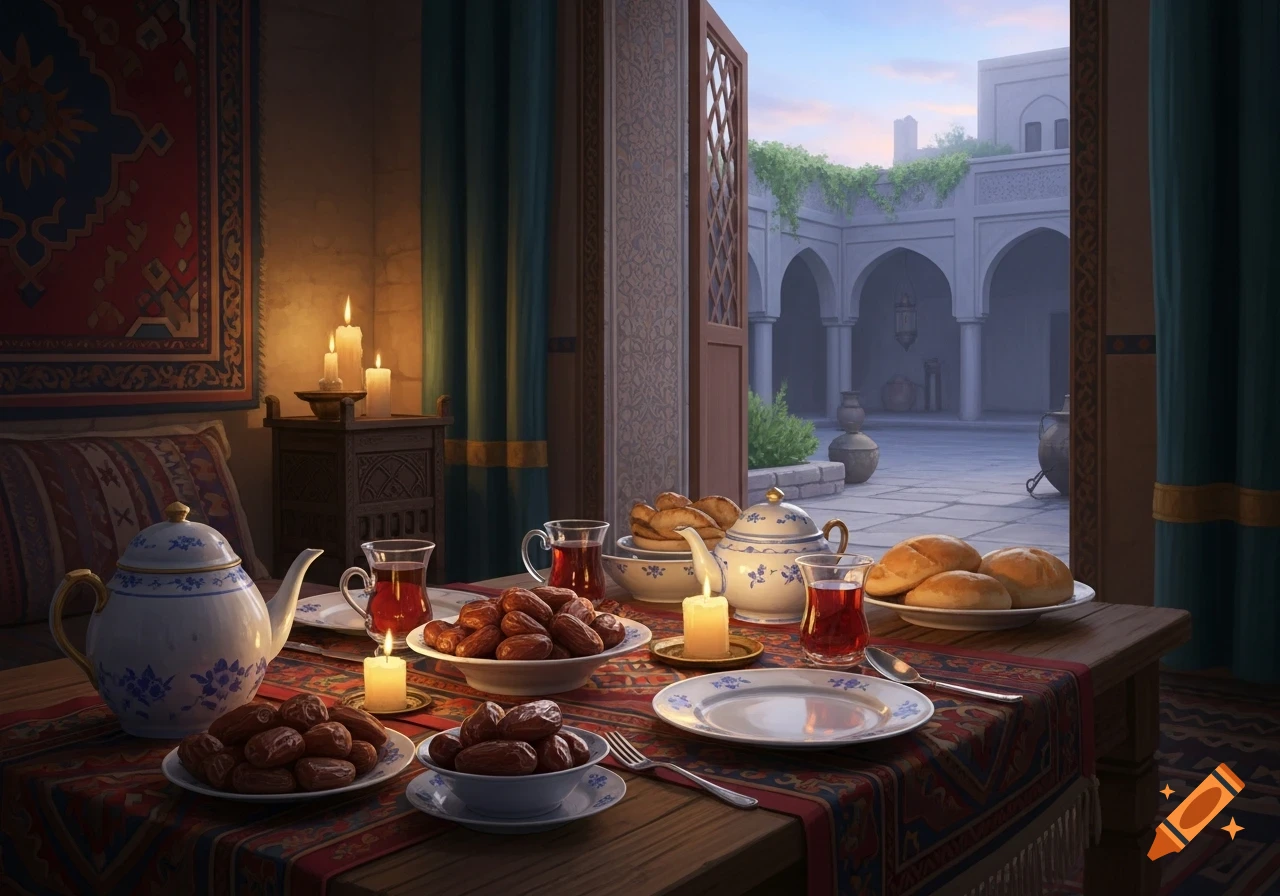 A table laden with dates, bread, and tea, illuminated by candles, in an ornate room overlooking a courtyard at dusk.