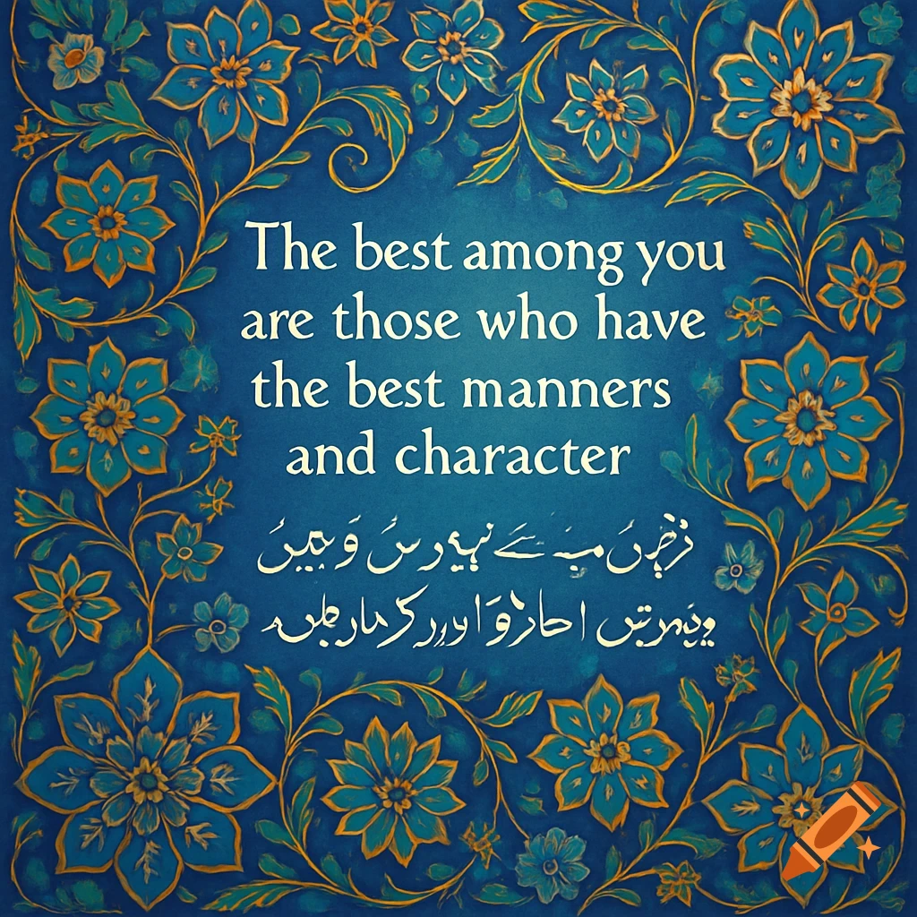 A blue background with intricate gold and teal floral patterns frames a central quote in English and Urdu, expressing the importance of good manners and character.