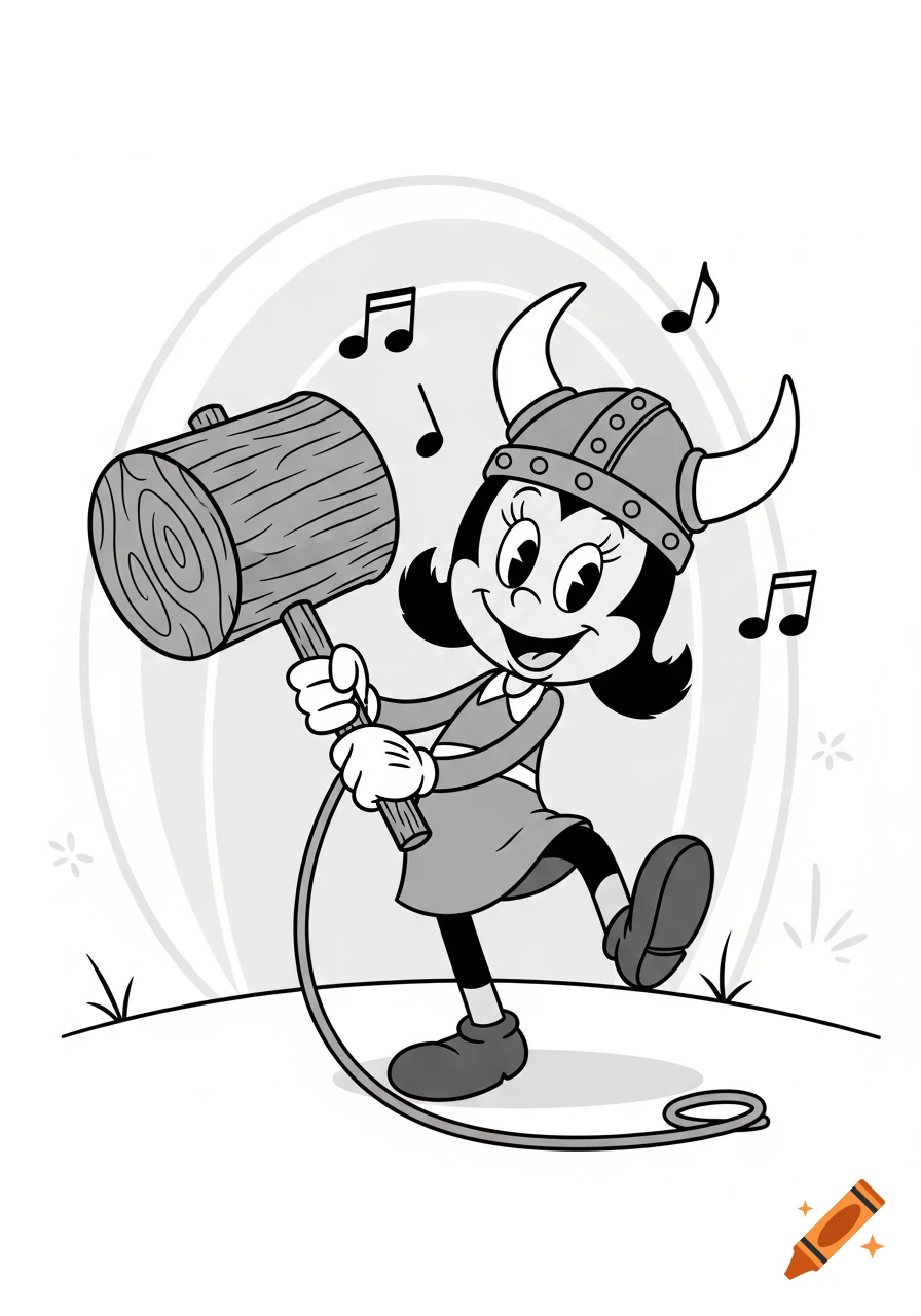 Smiling retro rubber hose cartoon girl in a viking helmet holding a wooden mallet, with musical notes.