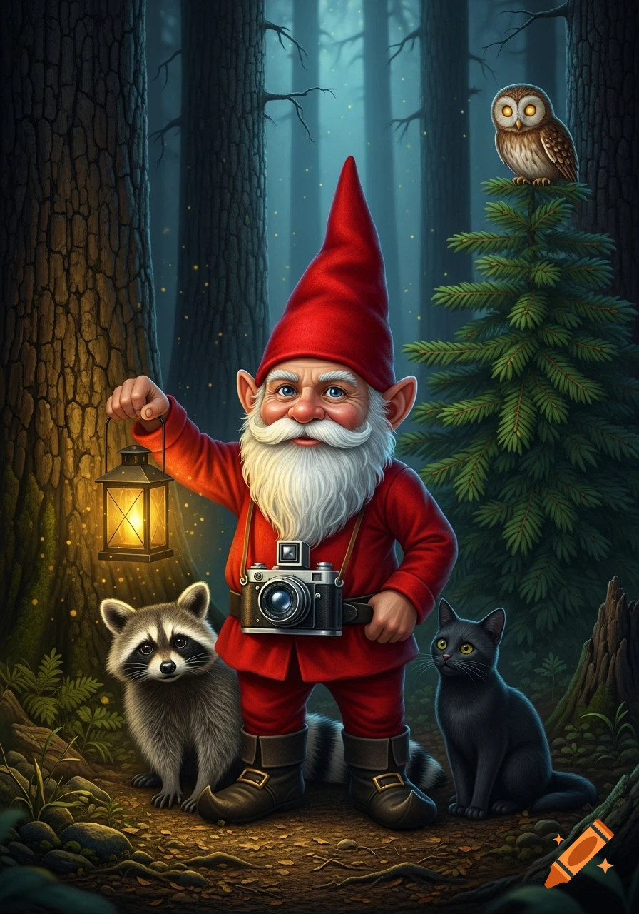 Illustrated gnome with a red hat and white beard holds a lantern and camera in a dark forest, joined by a raccoon, black cat, and an owl.