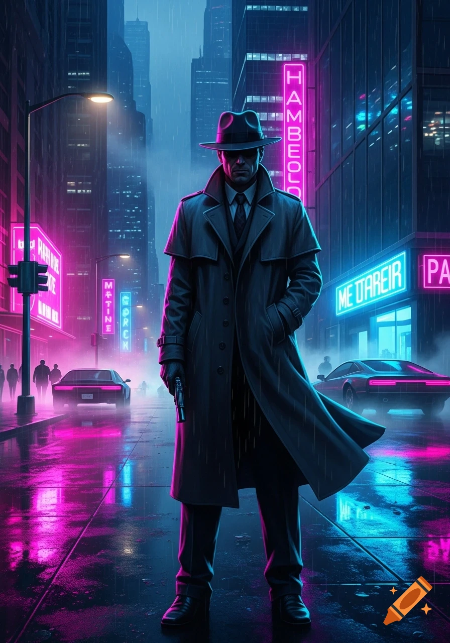 A neo-noir private eye in a trench coat and fedora stands in a rainy cyberpunk city, holding a gun. Neon signs reflect on the wet street.
