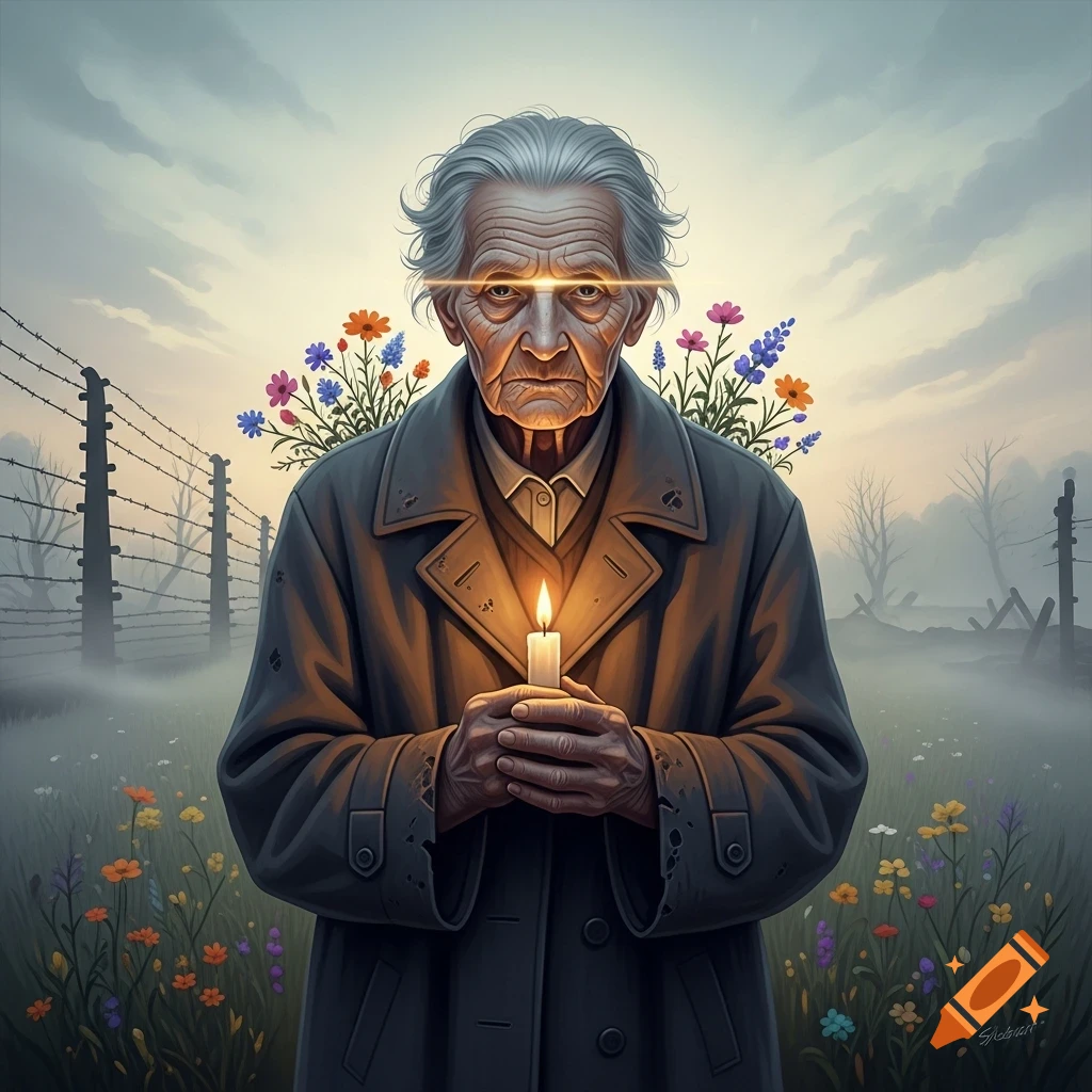 Solemn elderly person with glowing eyes holds a candle, standing in a misty field with barbed wire and colorful flowers.