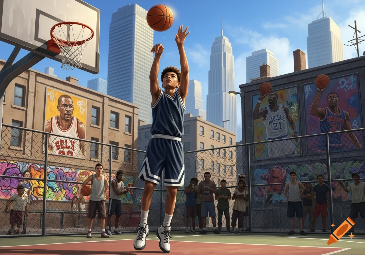 A young boy in a blue uniform shoots a basketball on an outdoor court, surrounded by other children and city buildings with basketball player murals in the background.