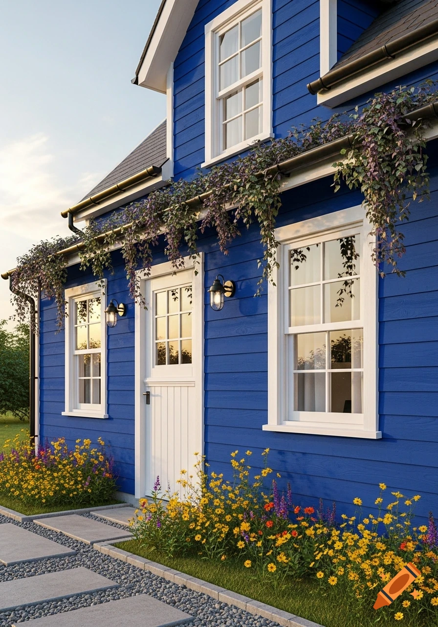 A vibrant blue house with white trim, a Dutch door, and multiple windows, surrounded by yellow and purple flowers and a stone path.