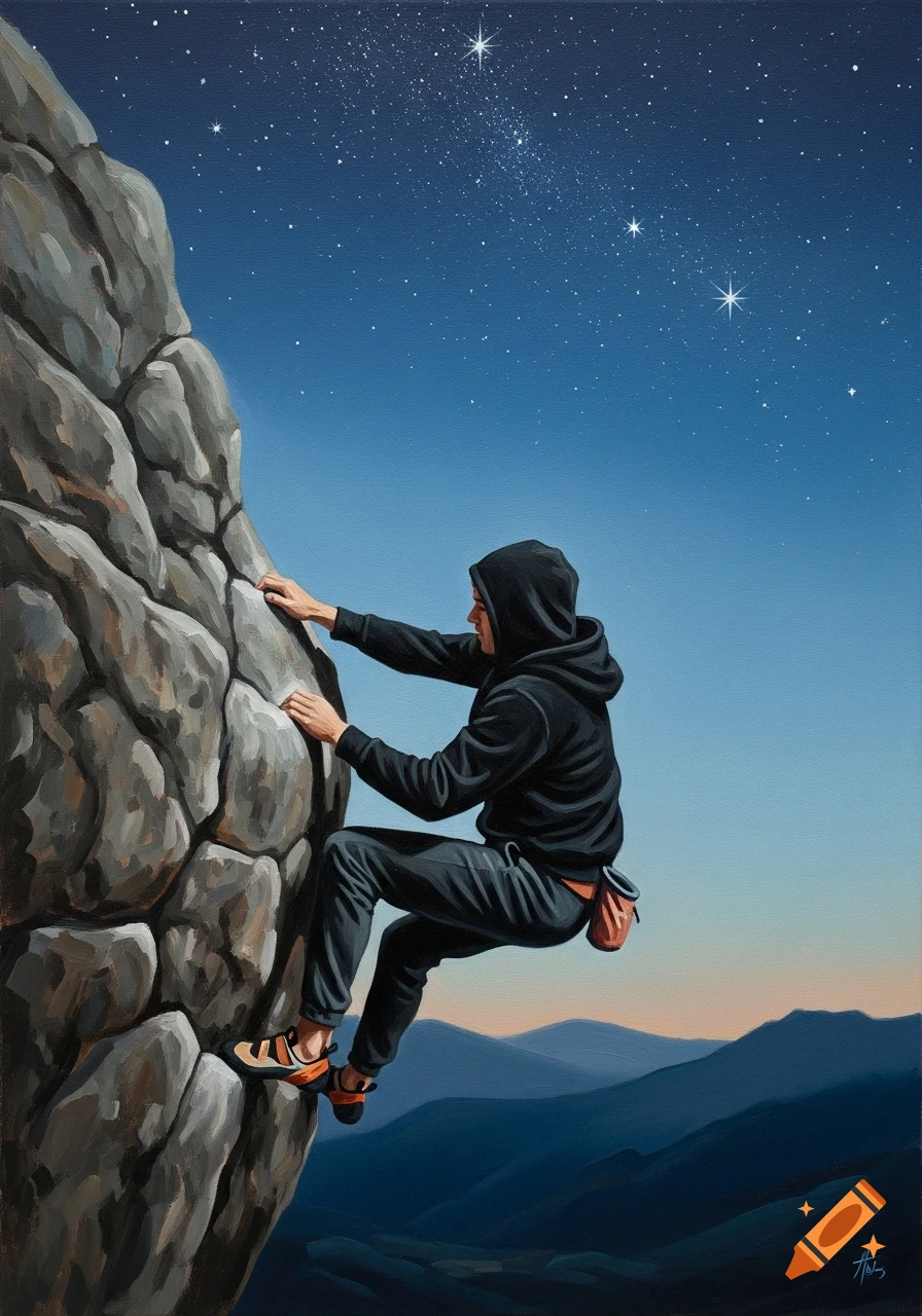 An oil painting of a climber in a black hoodie ascending a rock face at night, under a starry sky with distant mountains.