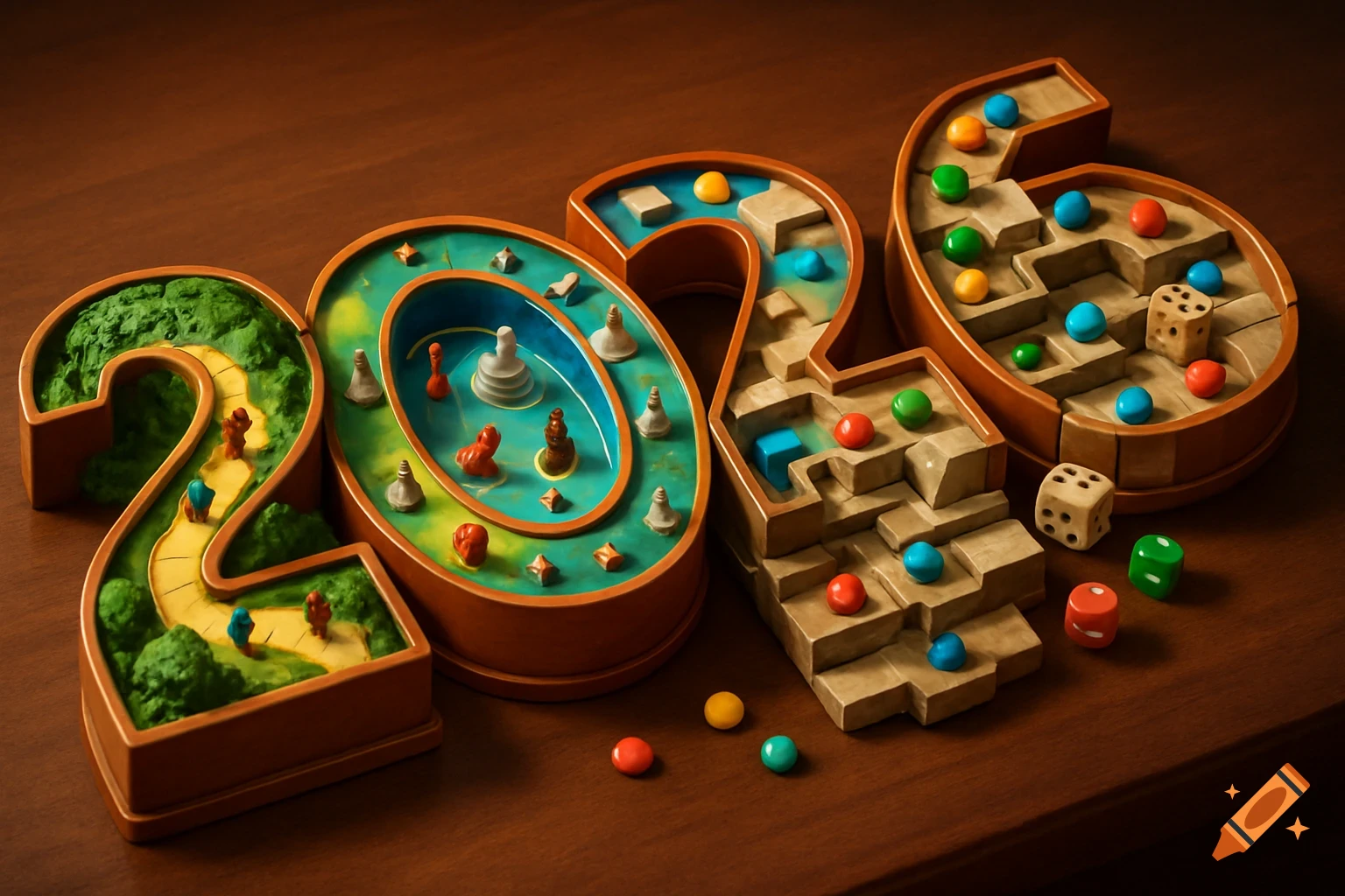 The numbers 2, 0, 2, and 6 designed as intricate board game levels on a wooden table, featuring paths, mazes, and game pieces.