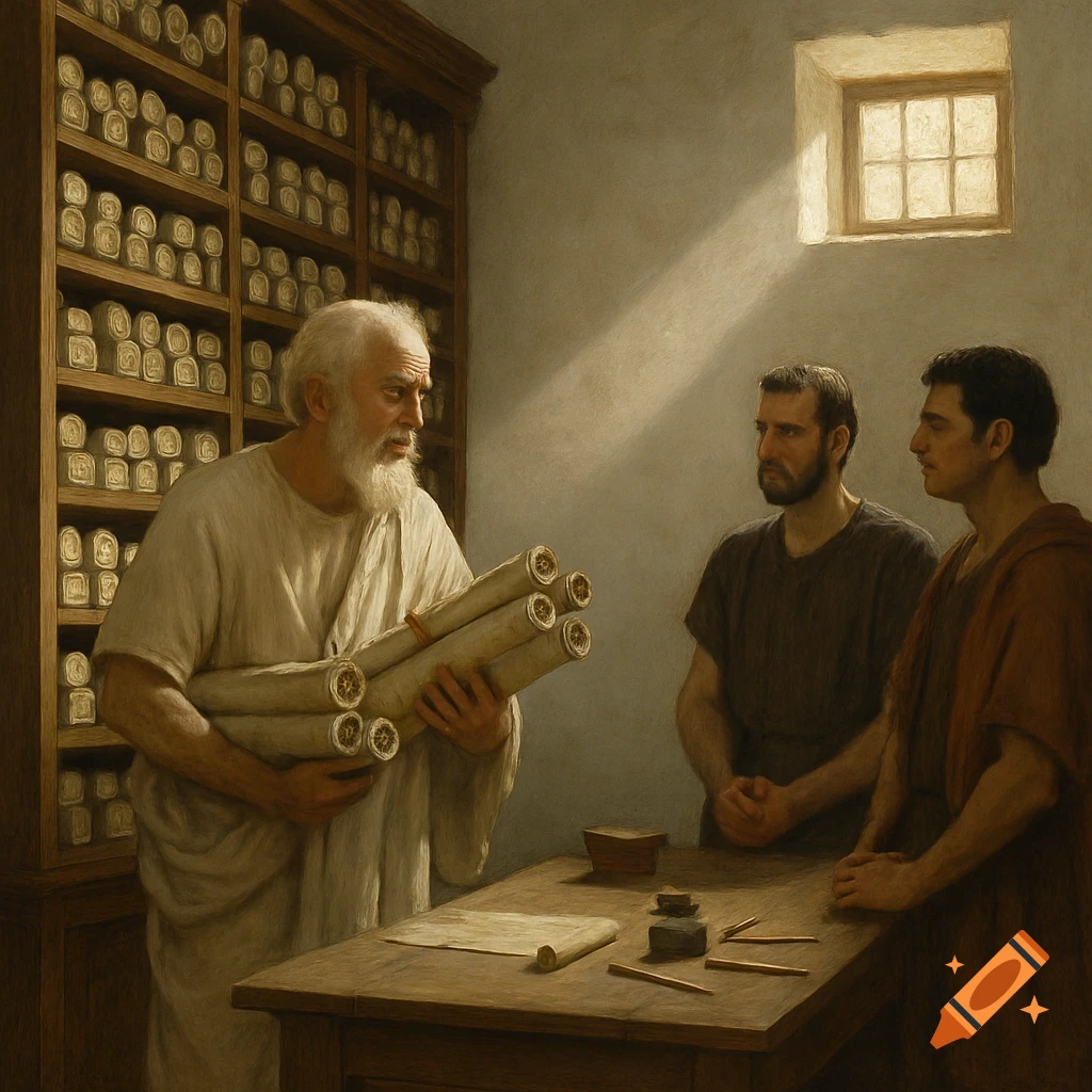 An old man with a white beard holds papyrus scrolls, speaking to two younger men in a sunlit ancient study filled with shelves of scrolls.