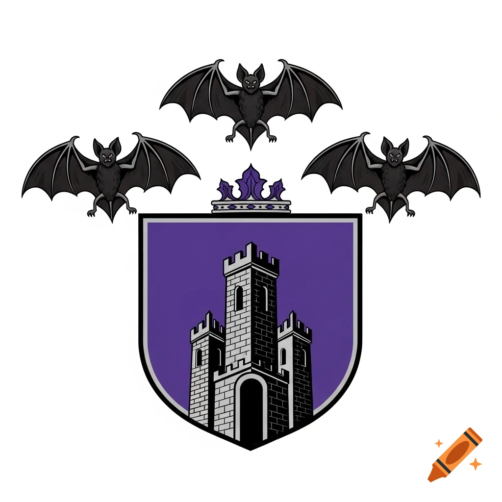 A graphic coat of arms with a purple shield featuring a gray castle, flanked and topped by three black flying bats.