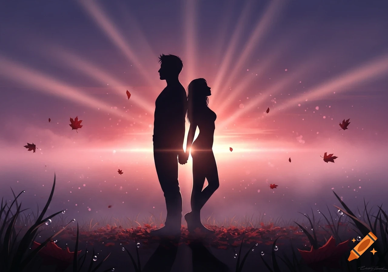 Silhouettes of a man and woman holding hands back to back against a vibrant purple and orange sunset with falling leaves.