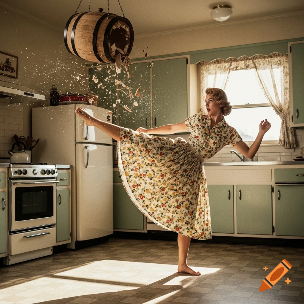 A barefoot 1950s housewife in a floral dress karate kicks a wooden barrel, shattering it in a retro kitchen.