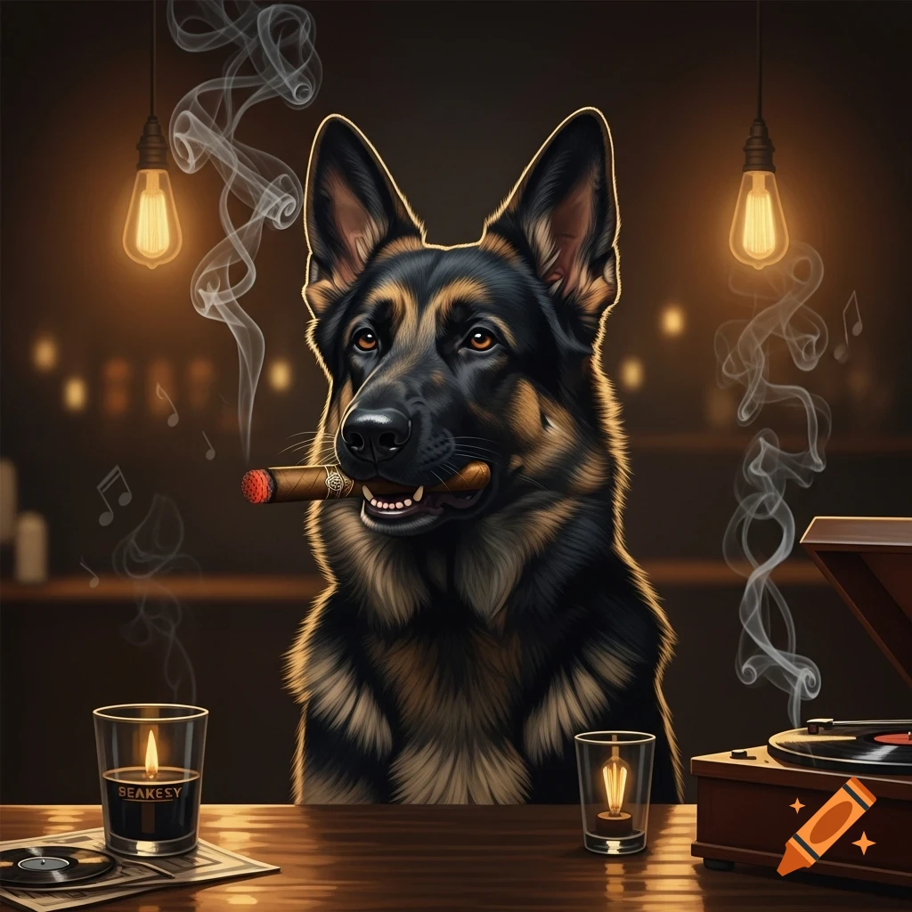 A cool German Shepherd dog sits at a bar, smoking a cigar, with glowing lights and a record player in a dimly lit setting.