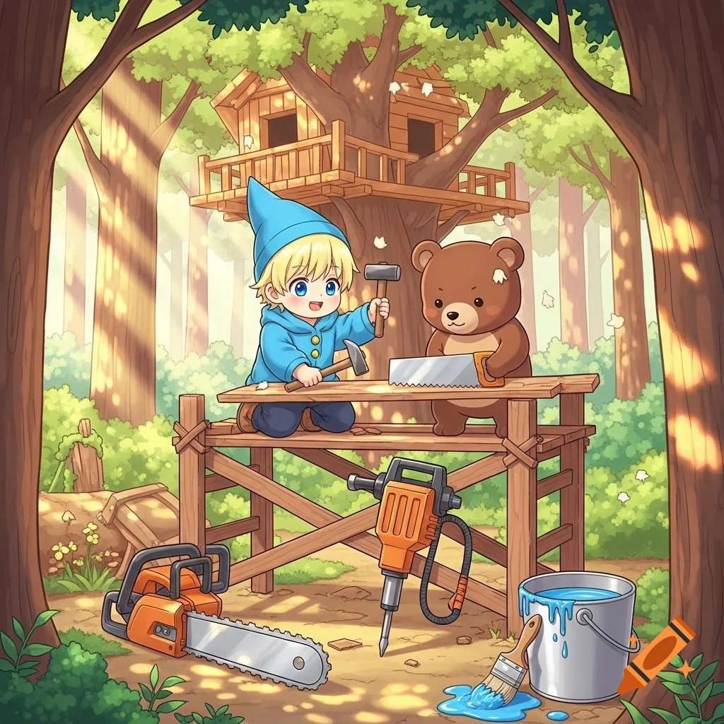 A blond boy in a blue gnome hat and a bear build a treehouse in a forest, surrounded by carpentry tools and a paint bucket, in a manga style.