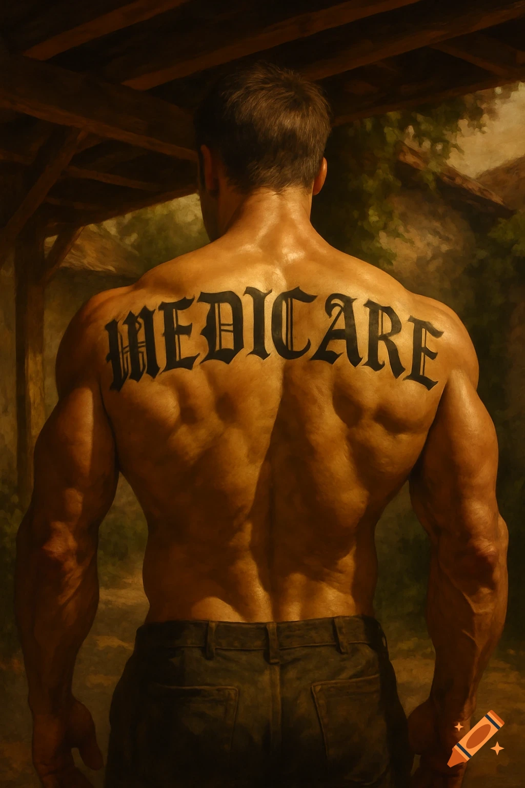 A muscular man seen from behind, shirtless, with a large 'MEDICARE' tattoo across his back, wearing jeans.