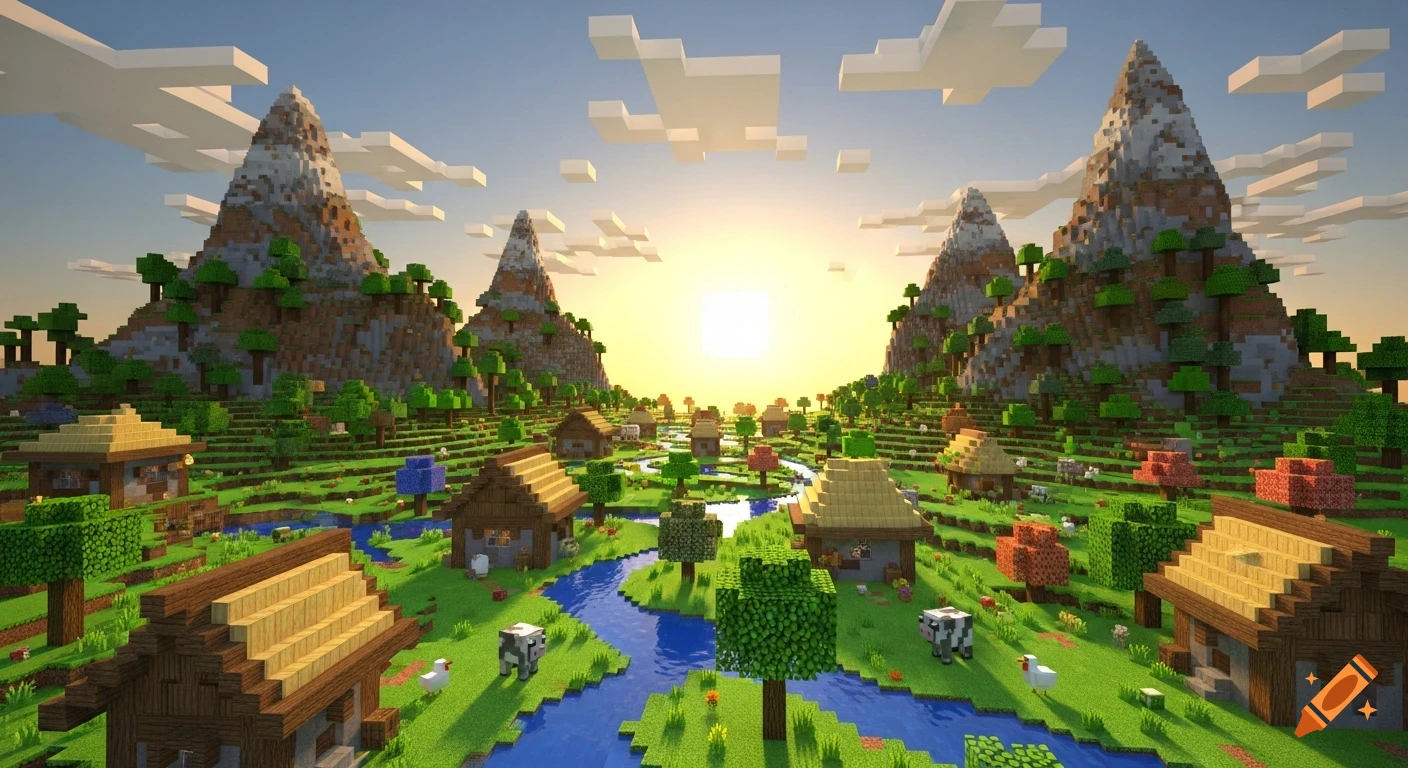 A vibrant Minecraft-style landscape at sunset, featuring blocky mountains, a winding river, green fields, trees, and scattered villages.