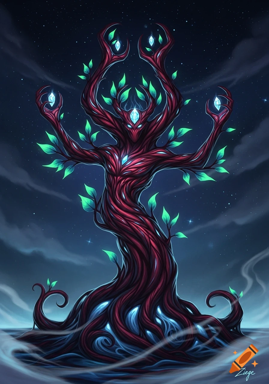 A dark red, glowing, tree-like demon creature with green leaves and blue crystals against a starry night sky.