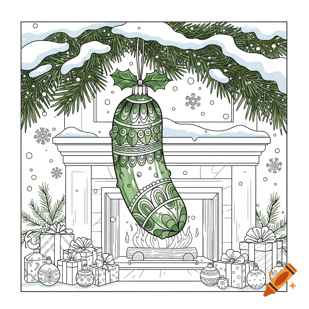 A detailed coloring page shows a partially colored Christmas pickle ornament hanging from a snowy pine branch above a fireplace, surrounded by gifts.