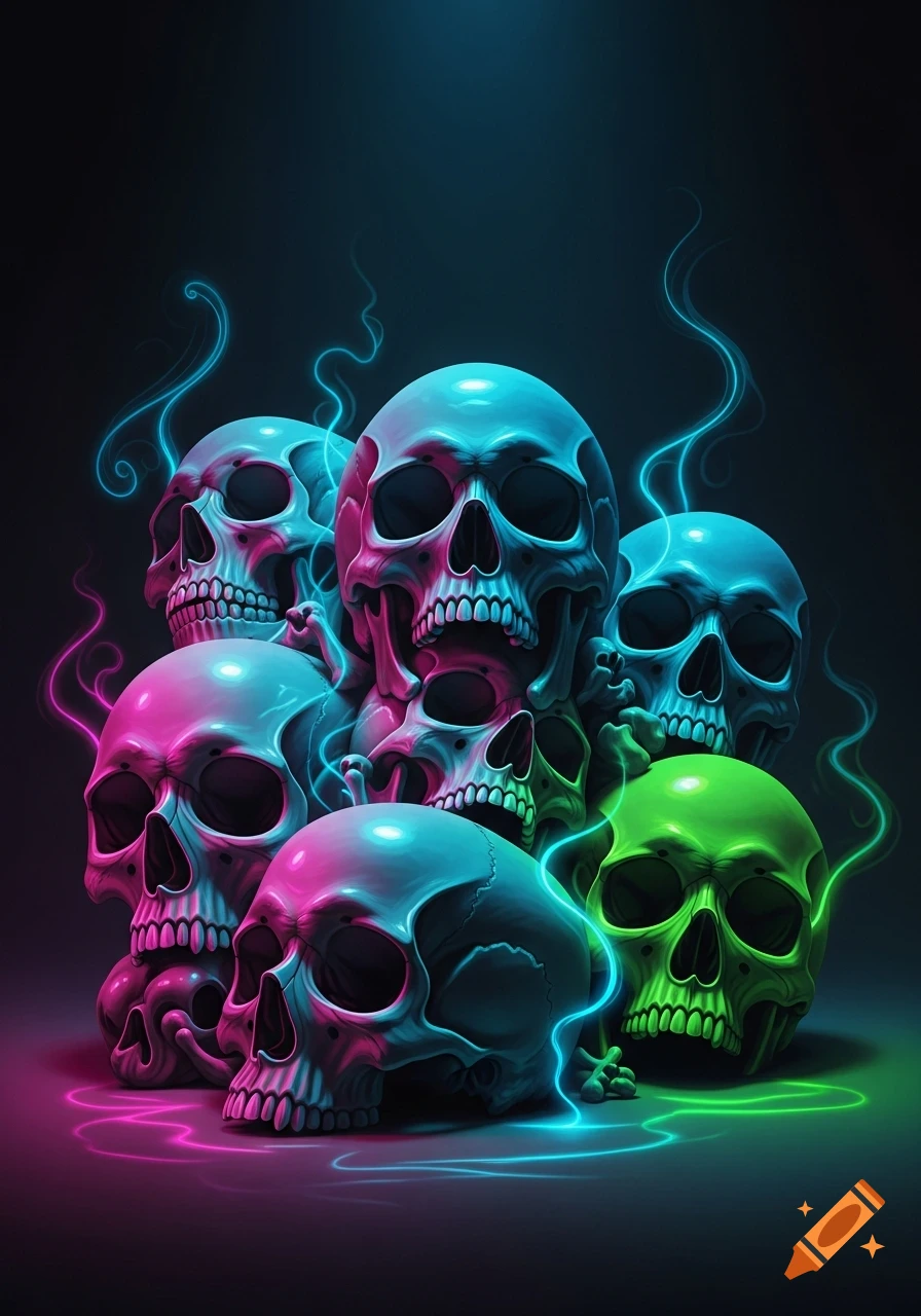 A pile of stylized skulls glowing in neon pink, blue, and green with swirling energy on a dark background.