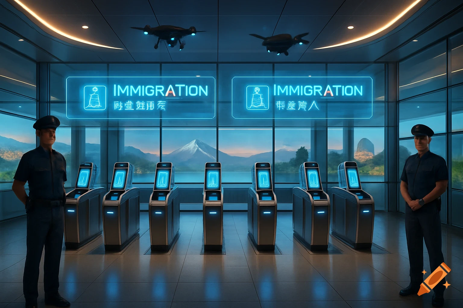 Futuristic immigration checkpoint with two security guards, glowing self-service kiosks, and drones, set against a mountain backdrop.