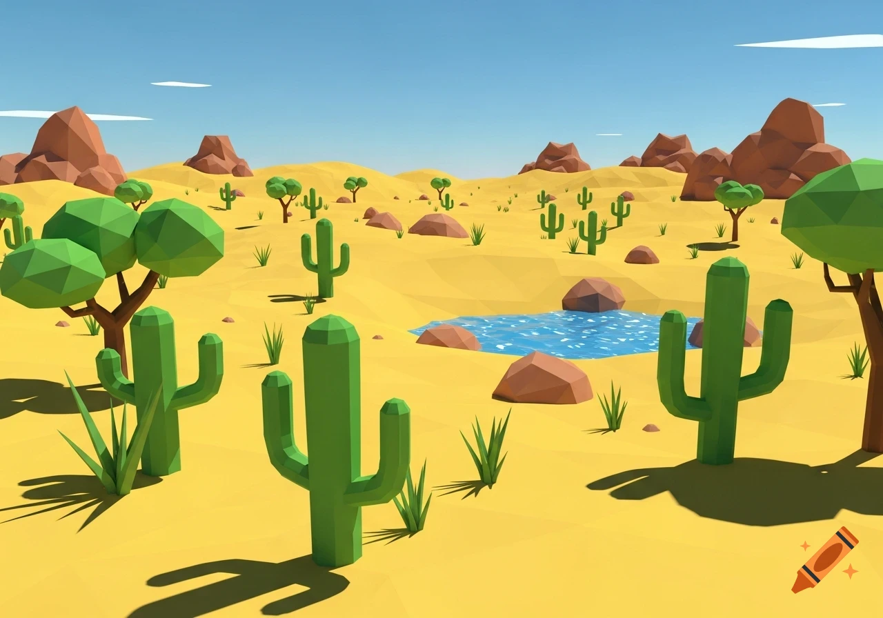 A bright low-poly desert landscape with green cacti, small trees, brown rocks, and a blue pond under a clear sky.