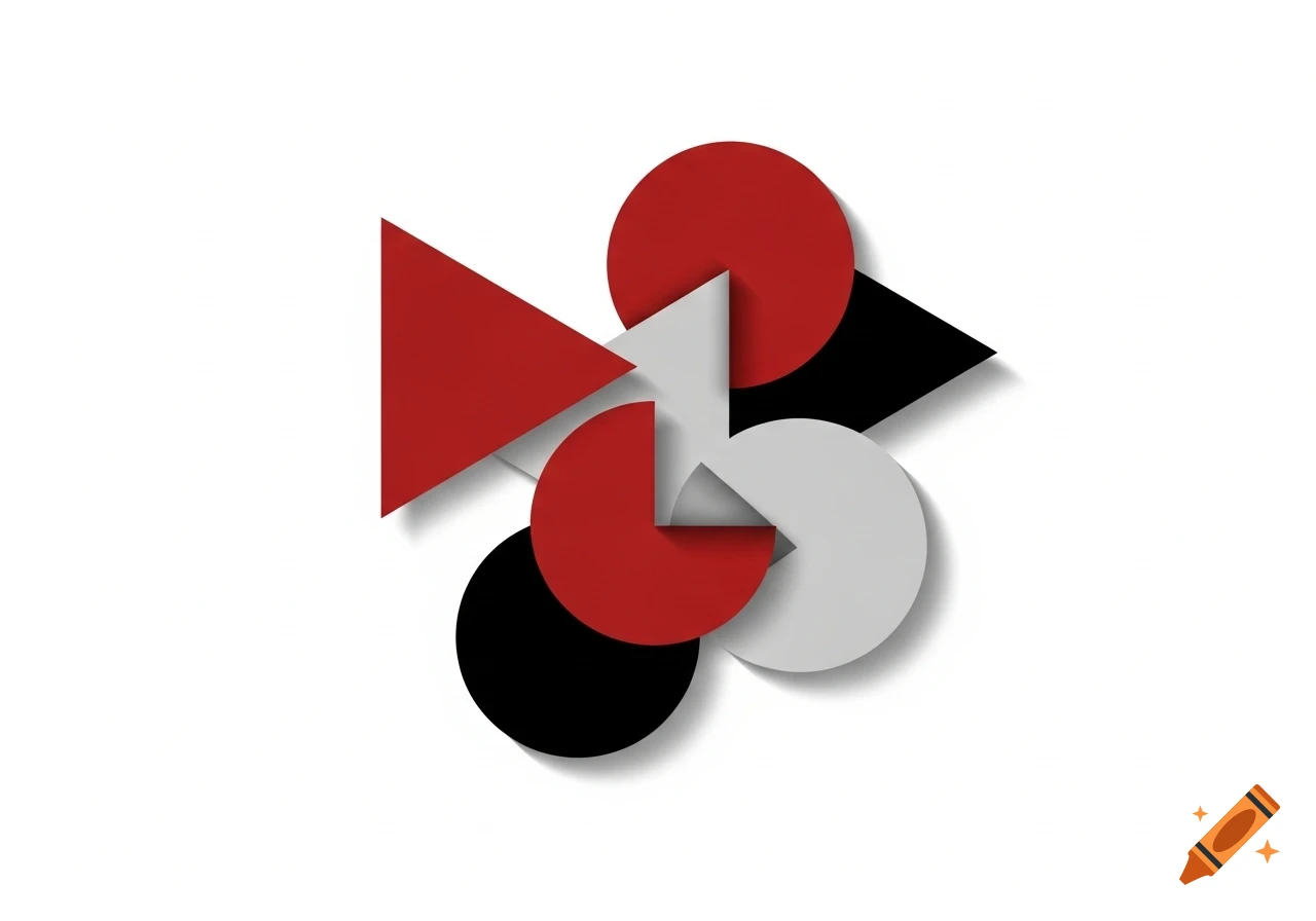 A composition of red, black, and gray geometric shapes, including triangles and circles, overlapping with shadows on a white background.