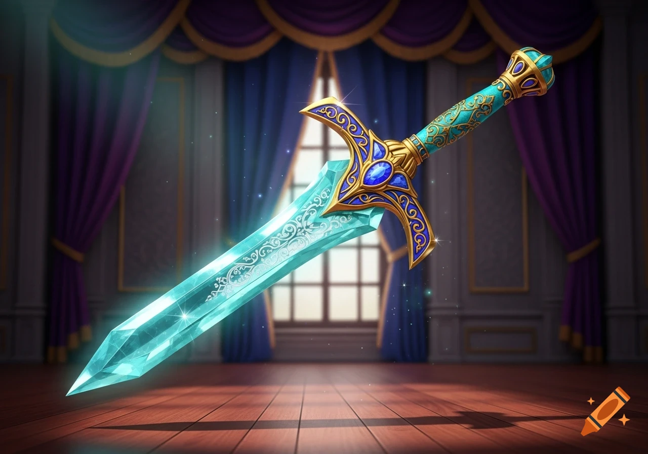 A glowing teal crystal sword with an ornate gold and blue hilt floats in a grand room with draped curtains.