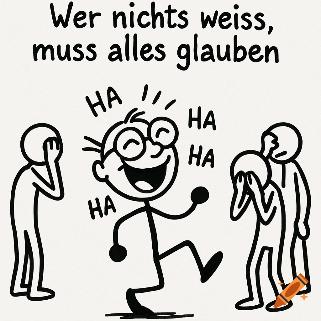 A cartoon stick figure with glasses laughs, while two other stick figures cover their faces in embarrassment. German text at the top reads 'Wer nichts weiss, muss alles glauben'.