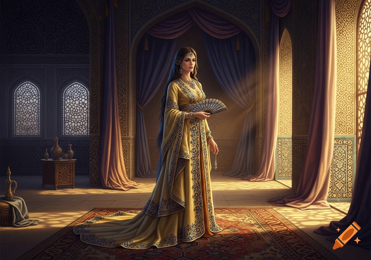 A woman in an elaborate gold and blue Persian-style dress holds a fan in a grand, sunlit palace interior.