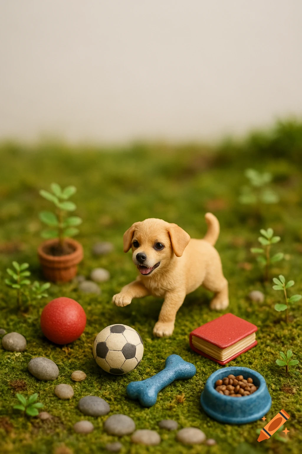 A miniature diorama featuring a tiny puppy figurine, a red ball, a soccer ball, a blue bone, a red book, and a food bowl, all arranged on mossy ground with small pebbles and plants.