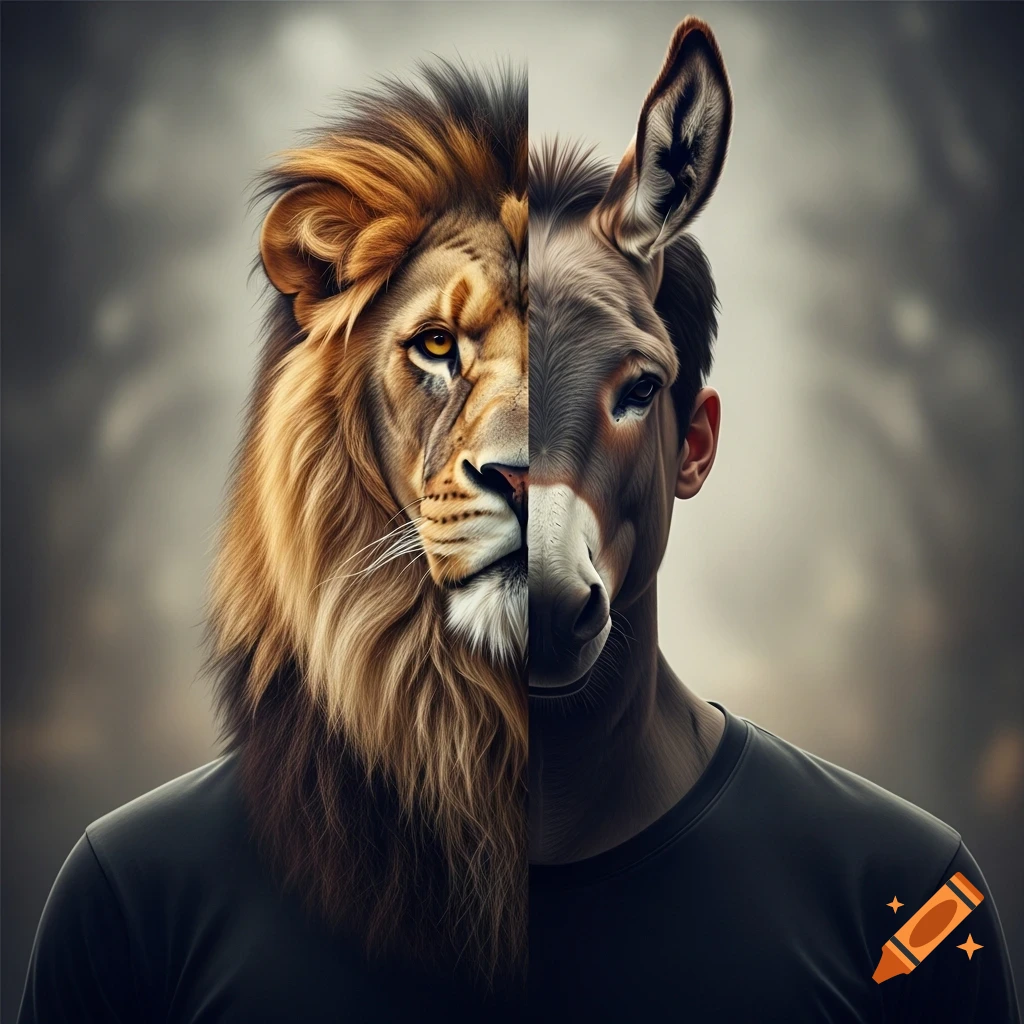 Photorealistic portrait of a person with one side of their face as a lion and the other a donkey, against a dark background.