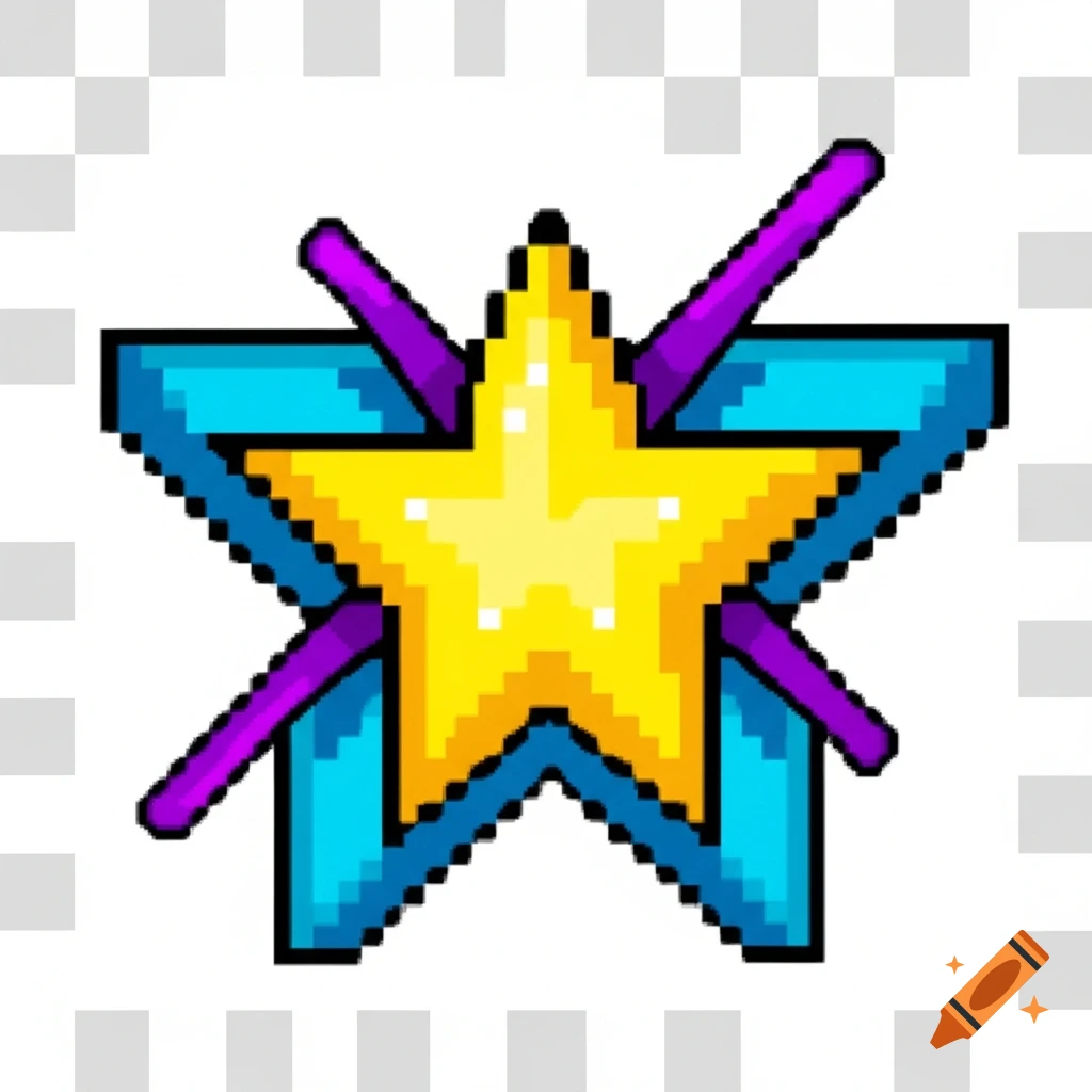 A pixel art gold star with blue corners and four purple lines extending from behind it on a transparent background.