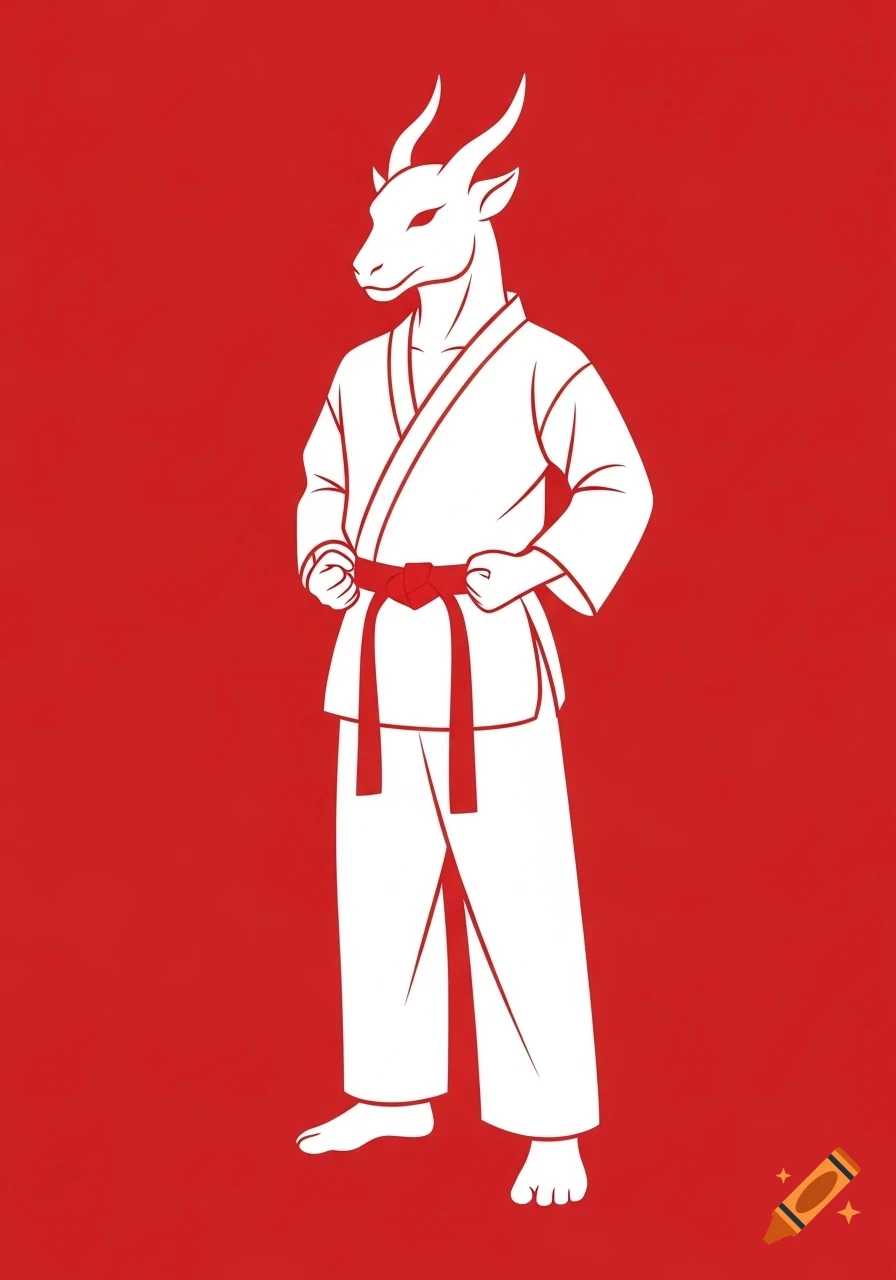 A minimalist vector illustration of a white deer-like chimera wearing a Taekwondo dobok with a red belt, against a plain red background.