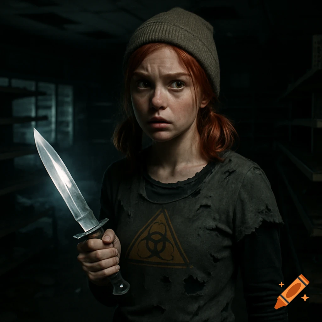 Photorealistic image of a scared young woman with red pigtails and a beanie, holding a bowie knife in a dark, abandoned store.