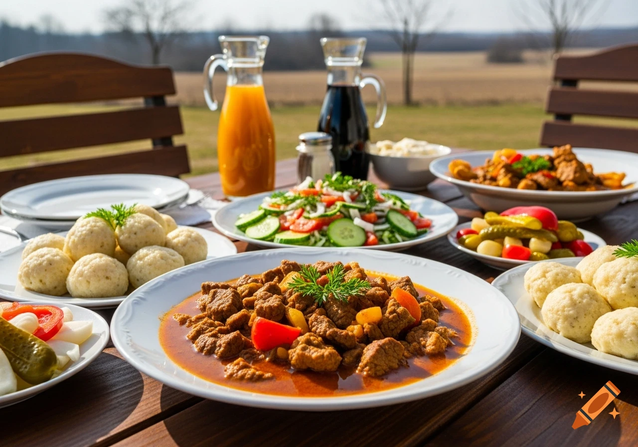 A spread of goulash, dumplings, salad, and pickles served on a wooden table outdoors under a sunny sky.