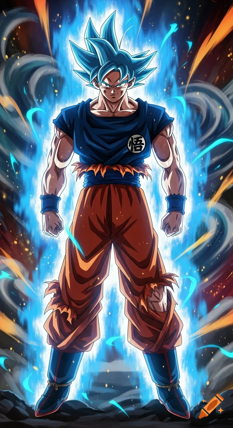 Son Goku in Super Saiyan Blue form, surrounded by a bright blue aura in a dynamic anime style.