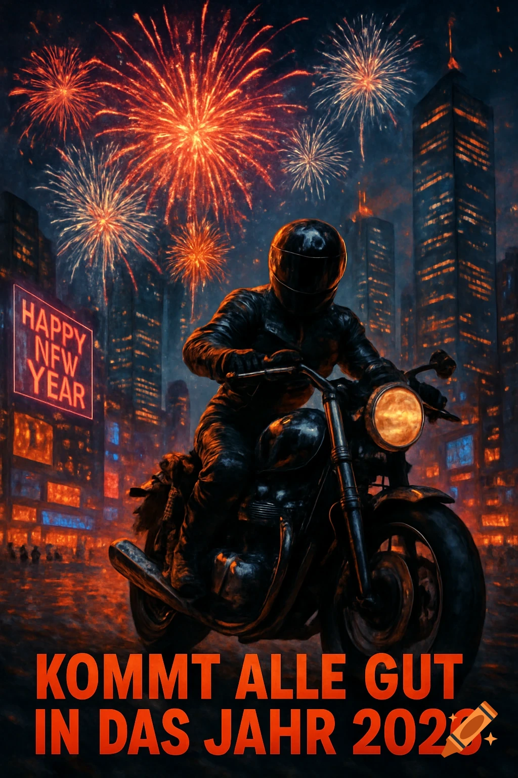 A biker on a motorcycle rides through a vibrant, fiery city at night, under a sky full of exploding fireworks, with text wishing a Happy New Year.