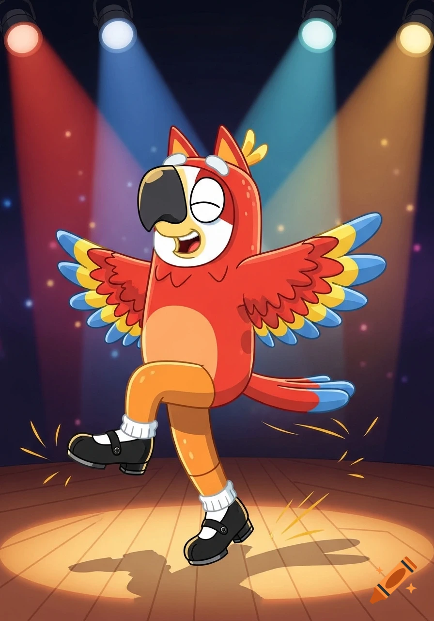 A cheerful cartoon parrot character with red, yellow, and blue feathers, orange legs, and black tap shoes is tap dancing on a spotlighted stage.