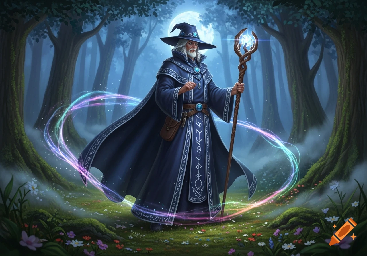 A detailed fantasy illustration of a wise male wizard in blue robes holding a glowing staff, standing in a moonlit mystical forest with magic swirling around him.
