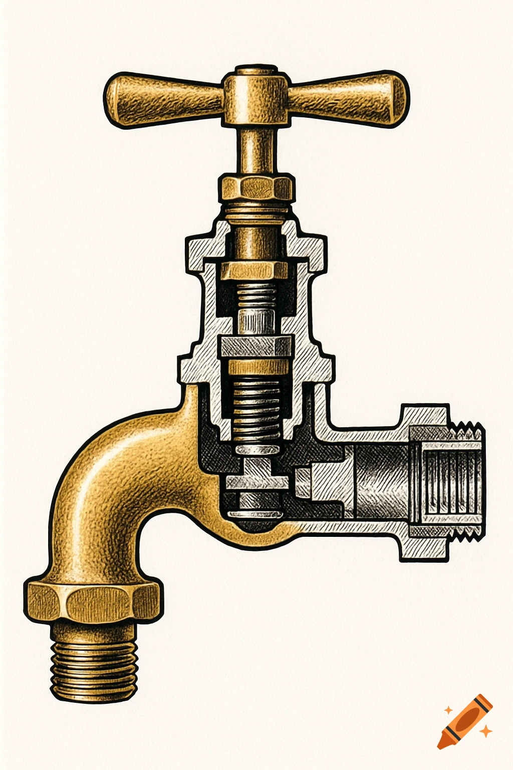 Detailed cross-section illustration of a brass faucet, showing internal components and mechanisms.