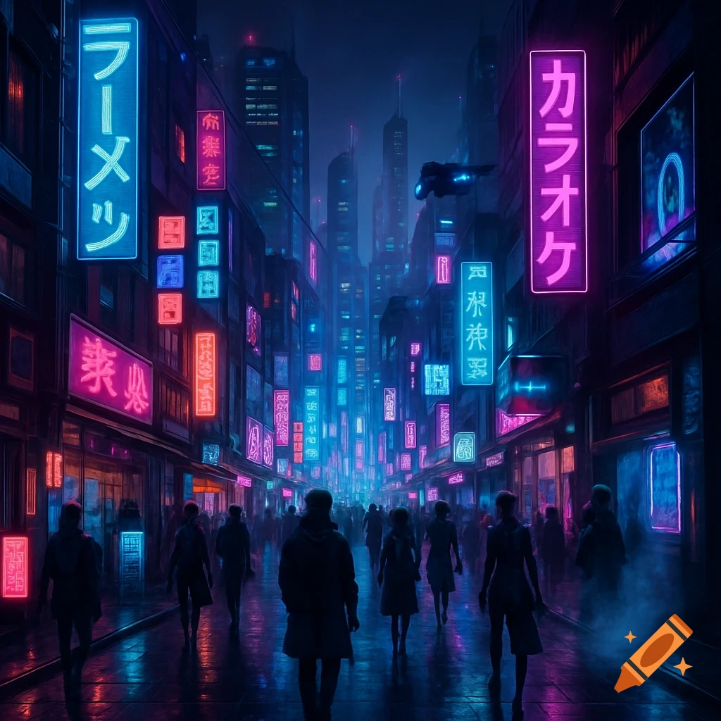 A cyberpunk city street at night, illuminated by numerous blue and pink neon signs with Japanese text. Silhouettes of people walk on the wet street, reflecting the vibrant lights.