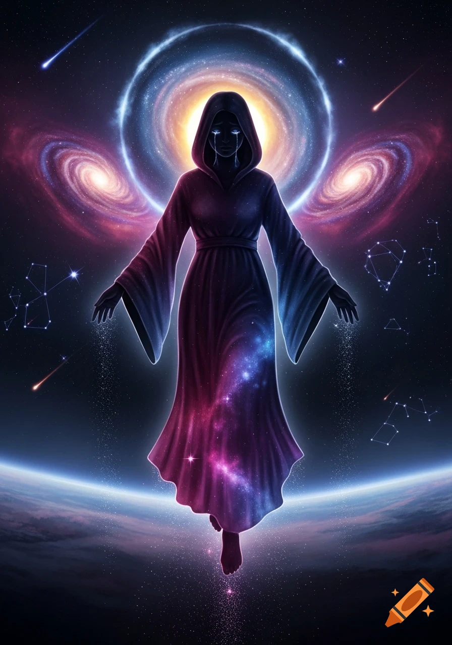 A hooded figure in a cosmic robe floats in space, crying tears of light, surrounded by galaxies and constellations above Earth.
