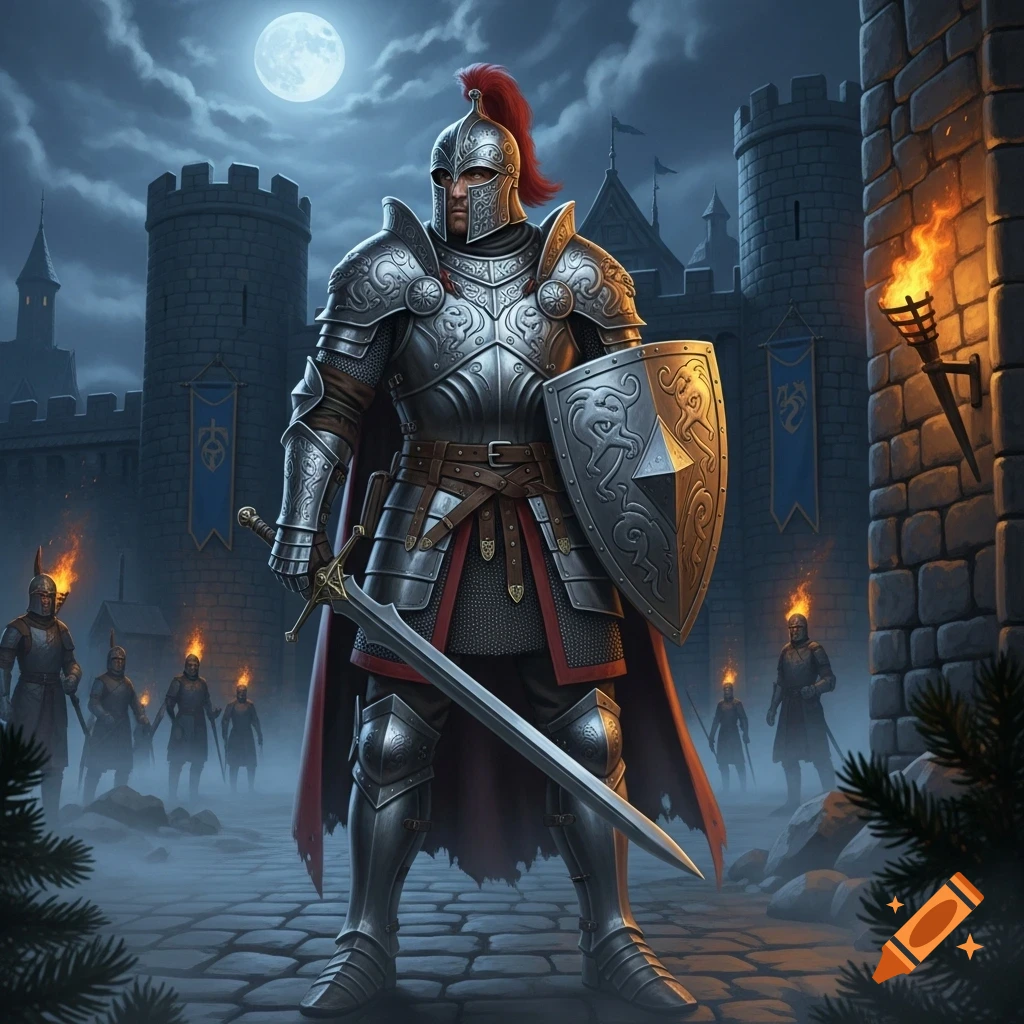 A knight in intricate plate armor stands with a sword and shield before a moonlit castle, with other armored figures in the foggy background.