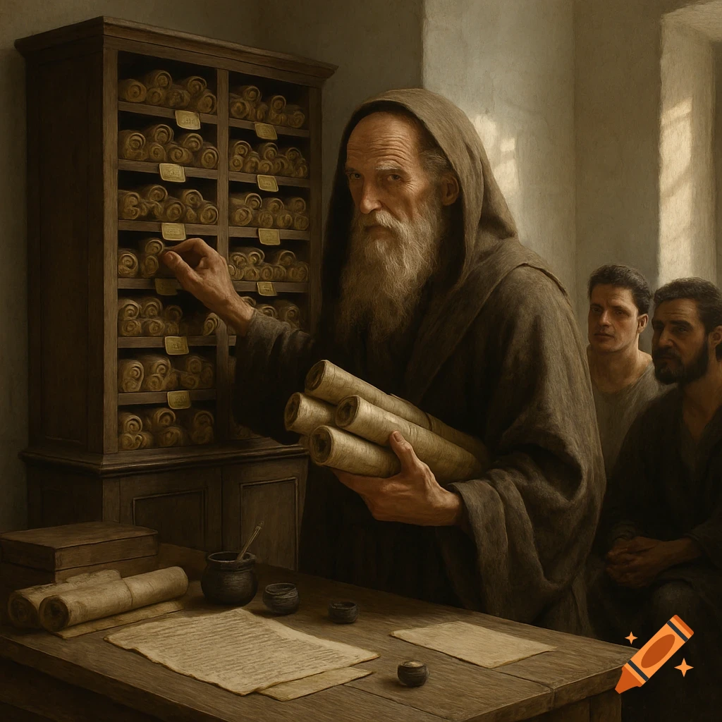 An old, bearded monk in a hooded robe in a study, holding scrolls and reaching into a cabinet full of labeled scrolls. Two men stand behind a wooden desk with scribal materials.