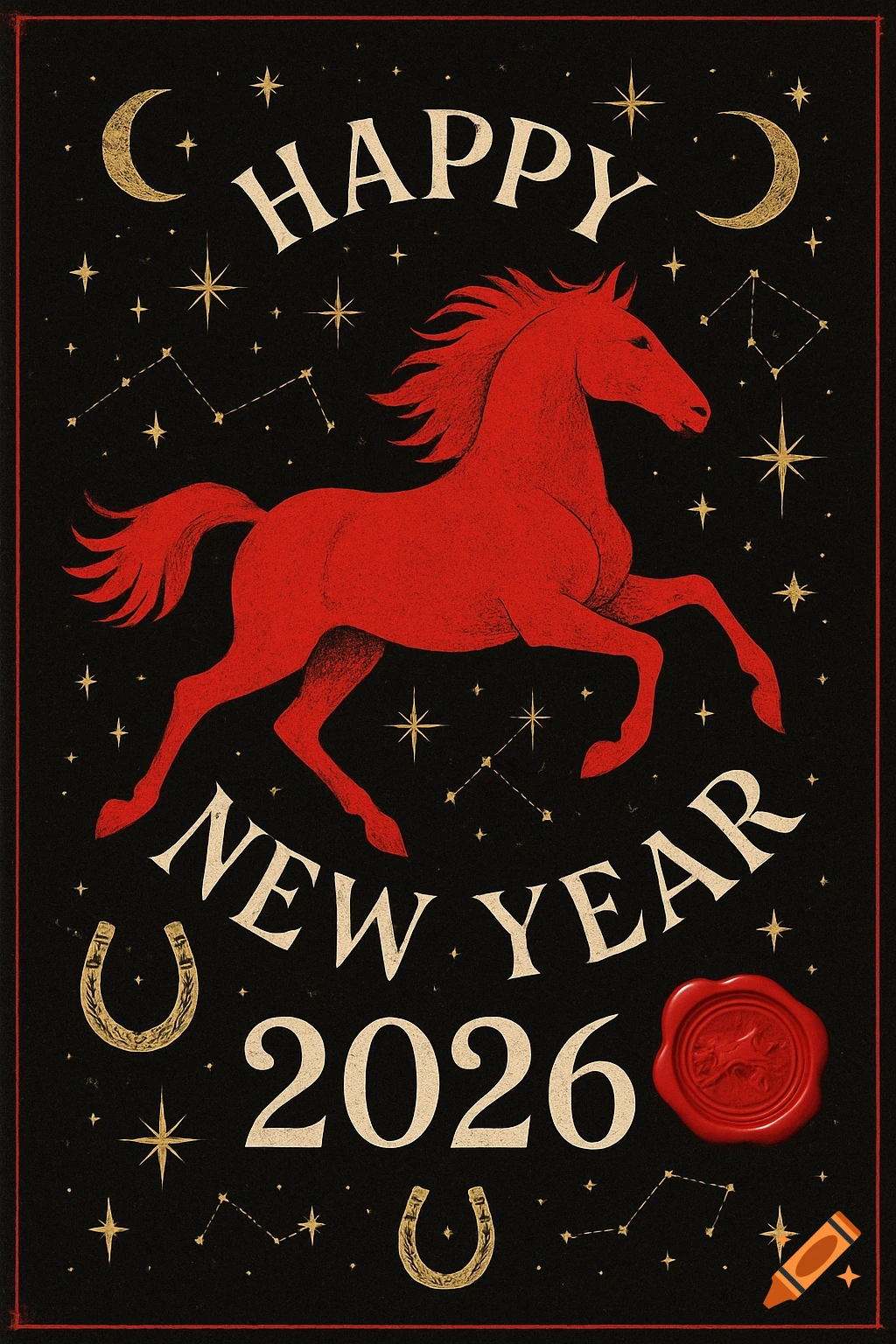A vintage-style New Year greeting card features a red horse galloping amidst golden stars, moons, and constellations, with "Happy New Year 2026" text and golden horseshoes on a black background.