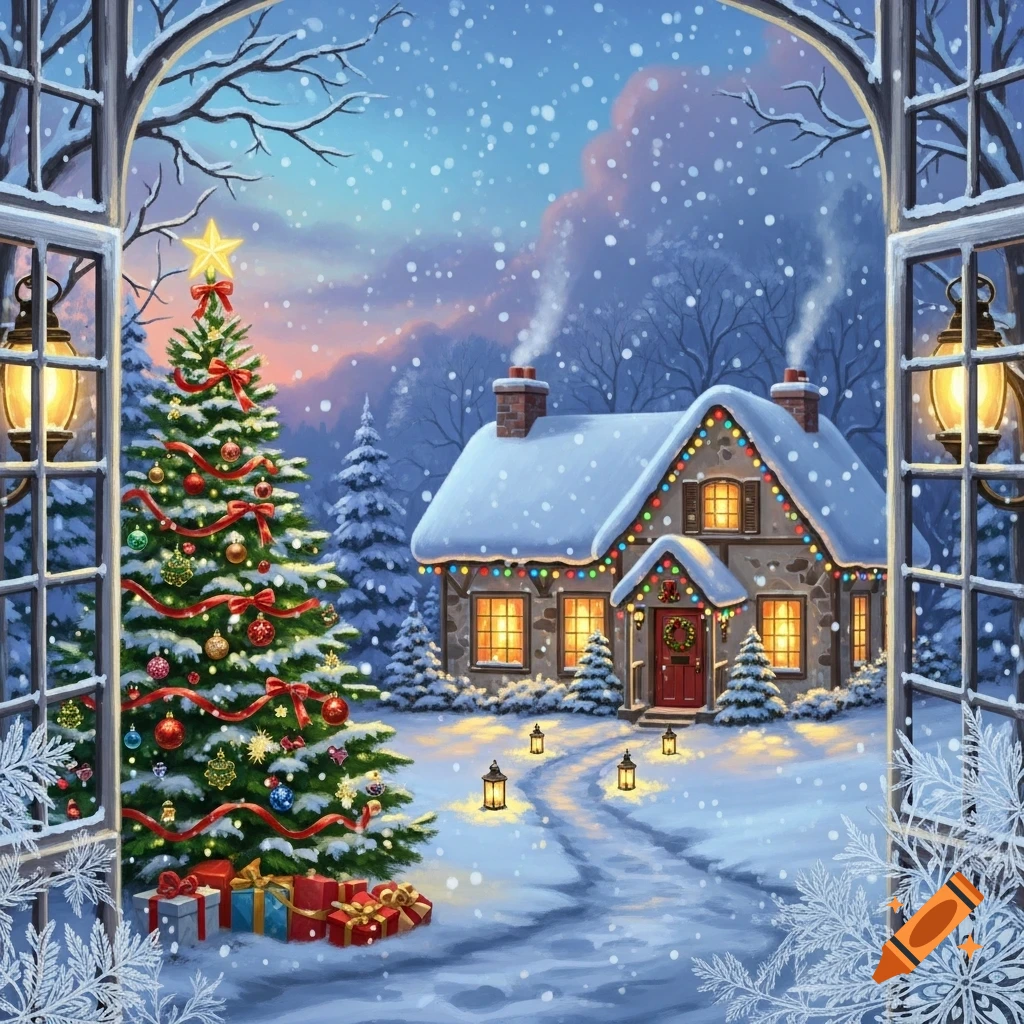 A snowy Christmas scene viewed through a window, featuring a decorated fir tree with presents and a cozy house with festive lights.
